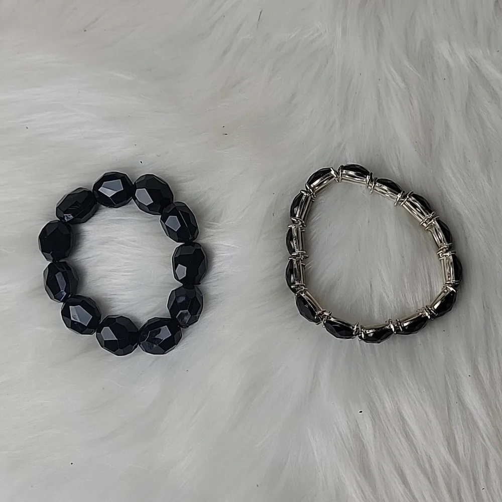 BLACK Silver Tone Faux‎ Stone Beaded Stretch Elastic Bundle of 2 Glam Bracelets